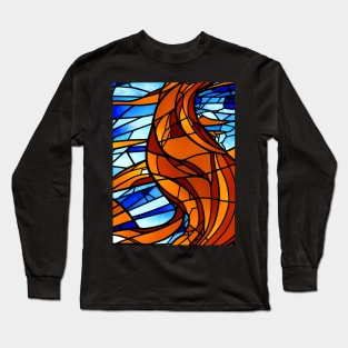 Stained Glass Design Pattern, Blue and Orange color scheme Long Sleeve T-Shirt